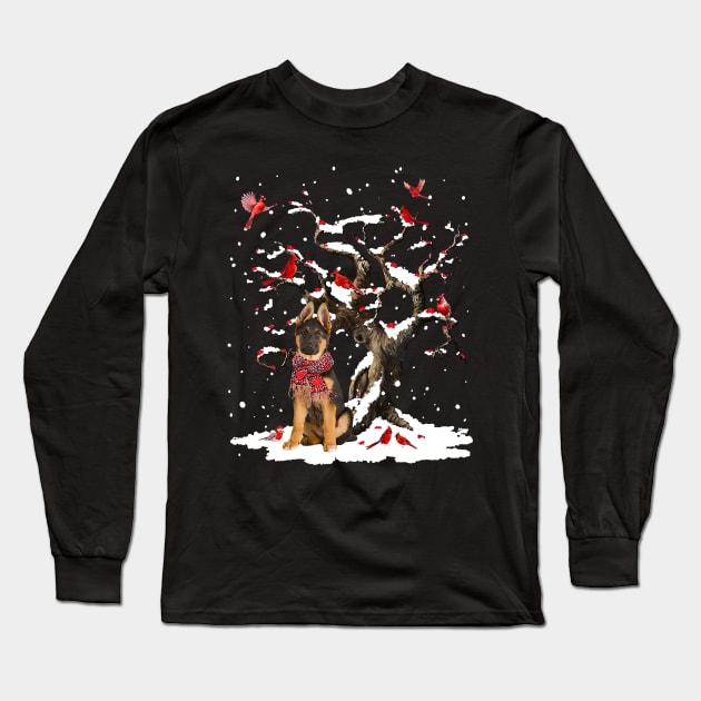 German Shepherd Scarf Cardinal Snow Christmas Long Sleeve T-Shirt by cogemma.art